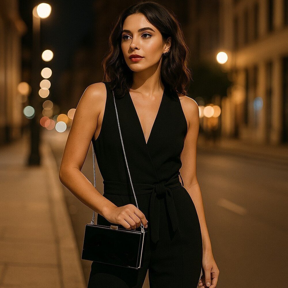 Rachel Zoe Box of Style Black Acrylic Clutch Crossbody | Silver Chain Strap